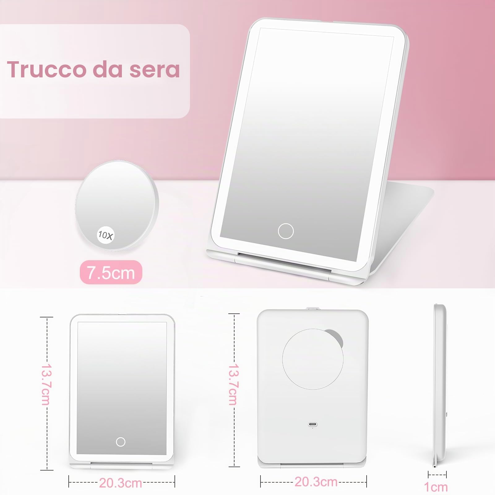 SURFOU Specchio Trucco con Luci LED Ricaricabile USB-C, Pieghevole e Portatile, 3 Tonalità di Luce Regolabile + 10X Ingranditore, Interruttore Tattile e Memoria, Compatto per Makeup Professionale, Via