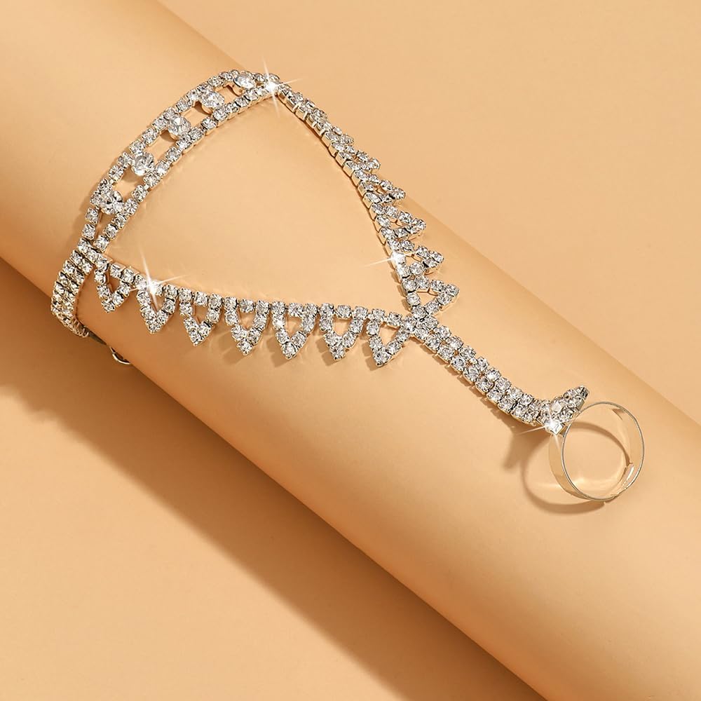 JWICOS Finger Ring Bracelet for Women Rhinestone Hand Chain Bracelet with Ring Wedding Hand Harness Hand Accessories for Bride Prom (Style 9) - Image 3
