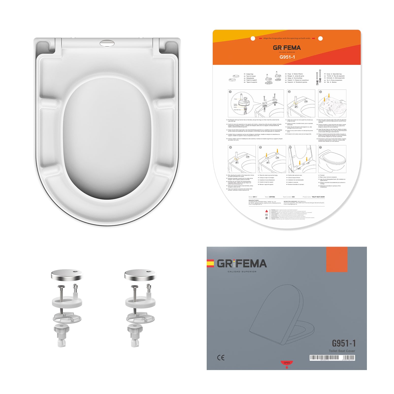 GRIFEMA Tapa WC Universal Premium - UF Resin, Efecto Cerámico, Antibacteriana, No Amarillea - Cierre Suave Silencioso - Liberación Rápida - Fácil Montaje - Tapa Inodoro Forma D [Exclusivo en Amazon]