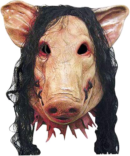 Máscara de miedo de Halloween con carnicero de cerdo con pelo negro, máscara de látex de cabeza completa, disfraz de Halloween y cosplay