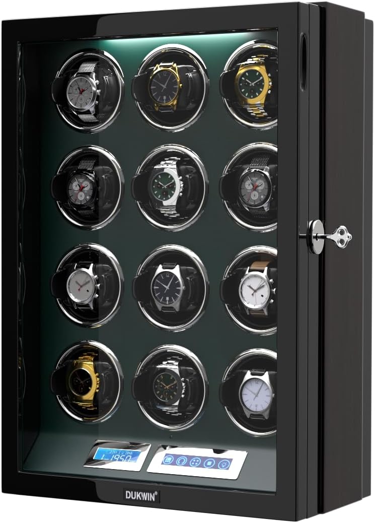 DUKWIN Watch Winder for 12 Automatic Watches with Key Lock, LCD Screen, Remote Control, LED Light, Adjustable Watch Pillow and Supper Quiet Motor for Universal Watches