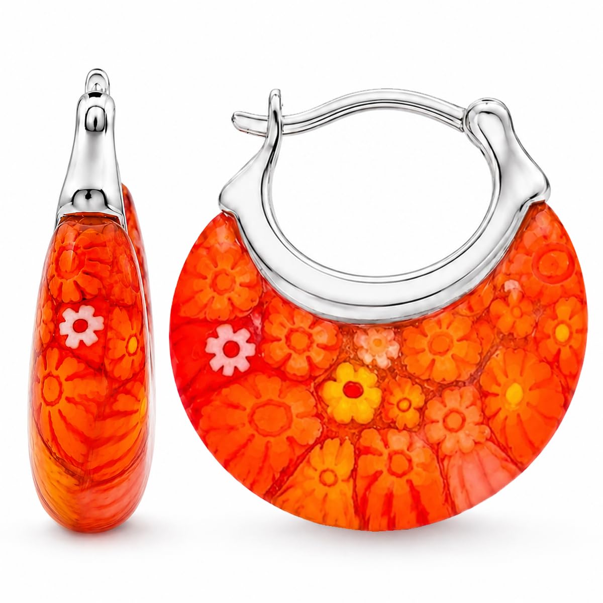 Murano Style Millefiori Glass Hoop Earrings for Women
