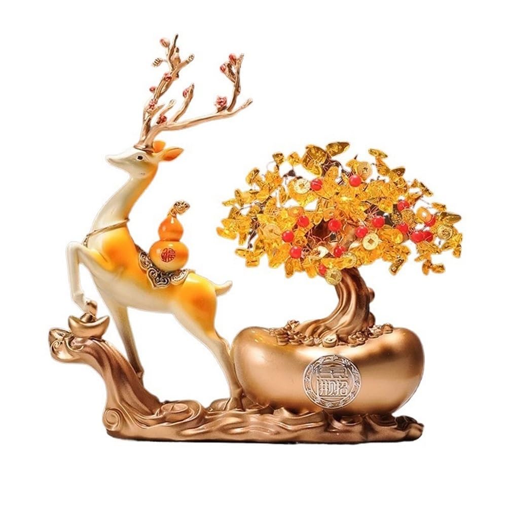 Home Decor Citrine Fortune Tree with Deer Statue, Attracting Wealth Ornaments, Home Prosperity Table Decoration Bonsai