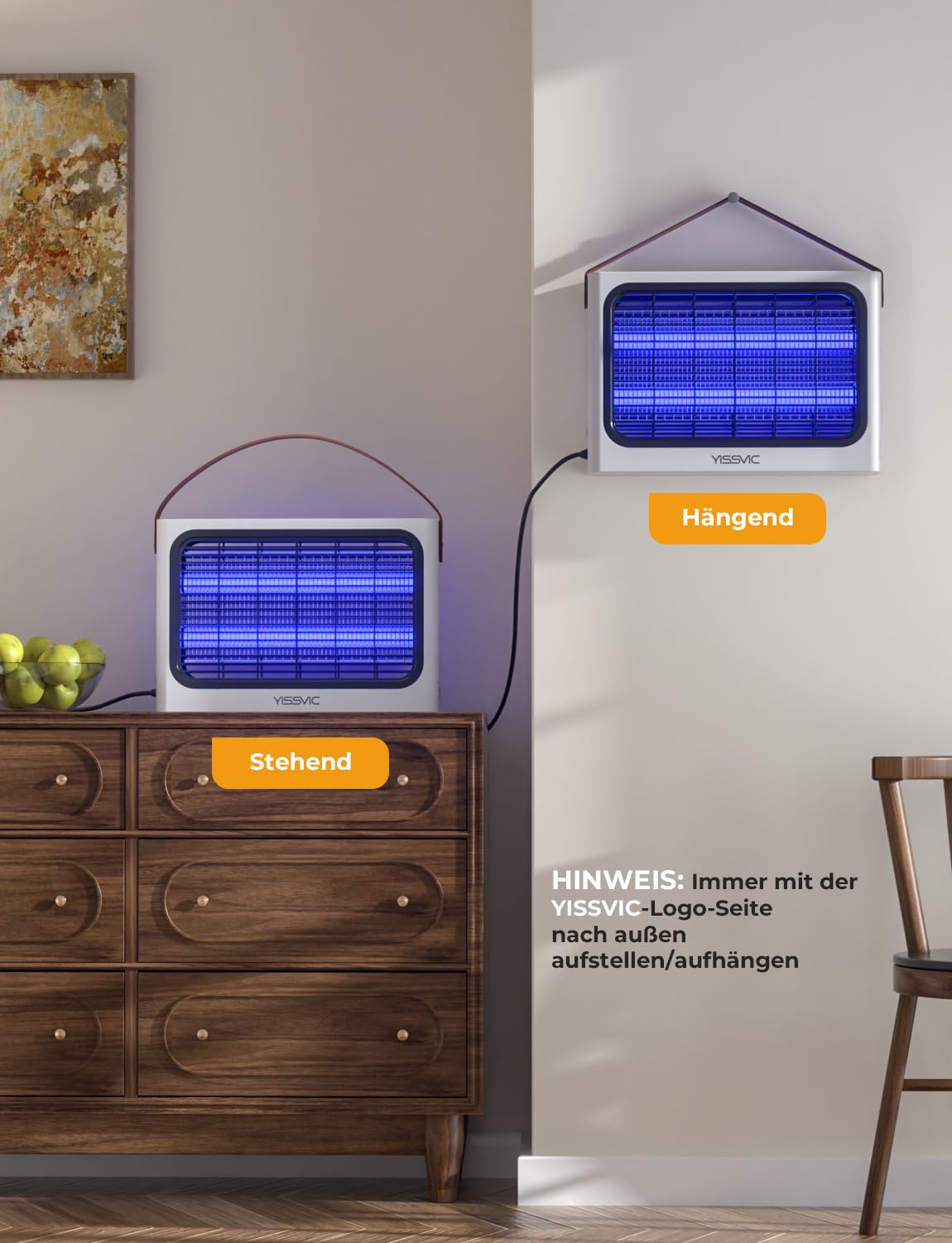 YISSVIC Elektrischer Insektenvernichter 4300V UV Mückenlampe 20W mit 2 Ersatzröhren PU-Griff 1,8-m-Kabel für den Innenbereich gegen Motten Mücken Fliegen
