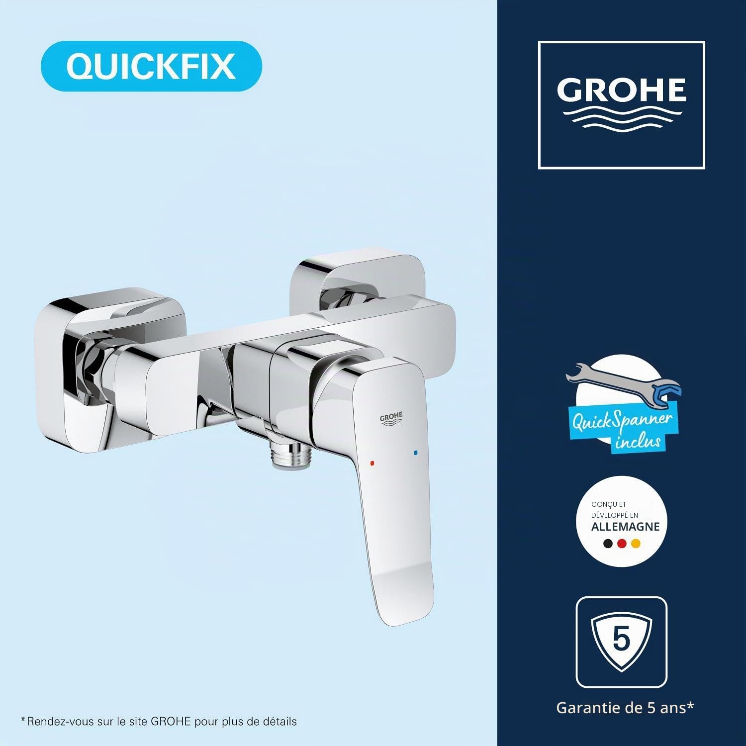 GROHE Dice Mitigeur de Douche (Montage mural apparent, Clapet anti-retour, Protection contre les retours d'eau, Facile à Installer grâce à la clé de montage QuickSpanner incluse), Chrome, 101874000