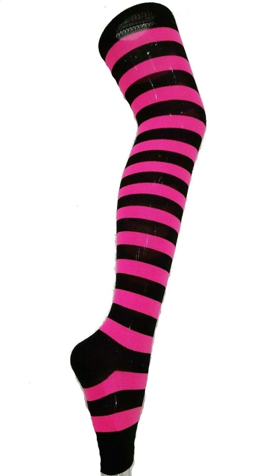 Womens Over The Knee Socks Plain & Striped Footless Adults Stretchy OTK Socks Neon Pink/Black Stripe 4-6.5 (1 Pairs)