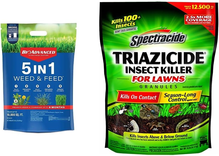 BioAdvanced 5 in 1 Weed and Feed, Granules, 24 lb & Spectracide Triazicide Insect