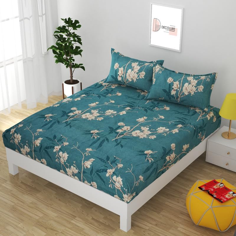 Image of Decolure 300 TC Cotton Feel Glace Cotton Elastic Fitted Printed King Size Double Bed Bedsheet with 2 Pillow Covers, 360 All Around Elastic, Fits 4 to 8 Inch Mattress, Size 72 x 78 Inches, Sea Green