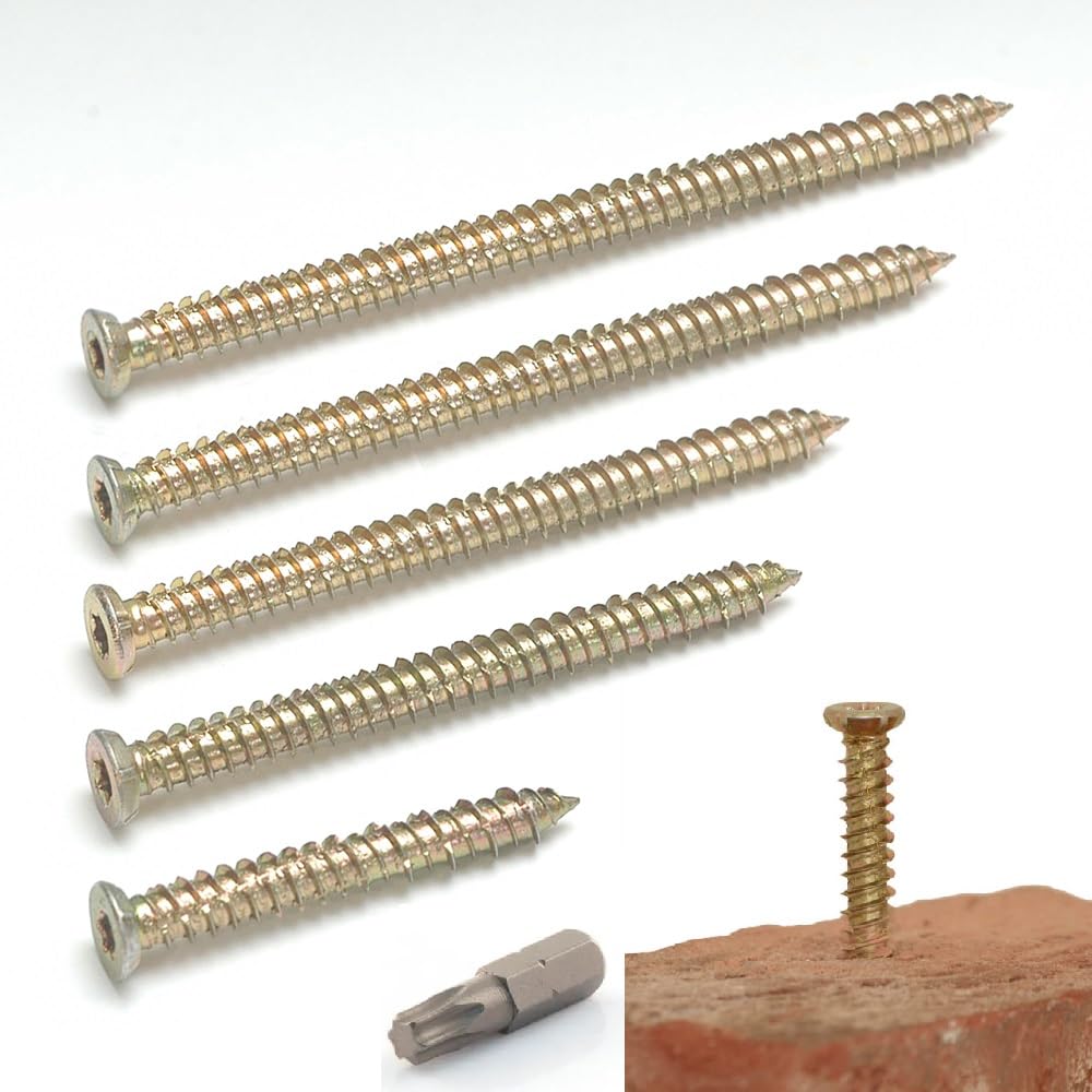 Concrete Frame Fixing Screws - Frame Screws Heavy Duty 7.5mm x 120mm - 100 Pack with T30 Torx Driver Bit, Yellow