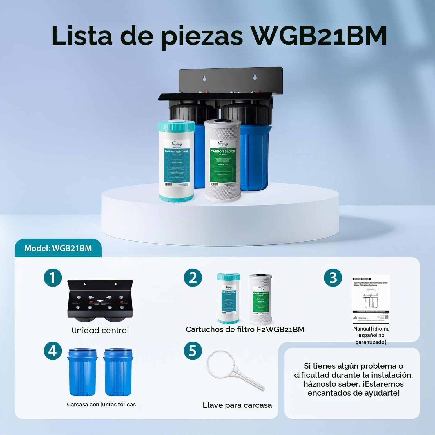 iSpring WGB21BM Filtración de Agua para Toda la Casa de 2 Etapas, Filtro Agua Entrada General, Bloque de Carbón de 10" x 4.5" y Filtros Reductores de Hierro y Manganeso, Puertos de 1"