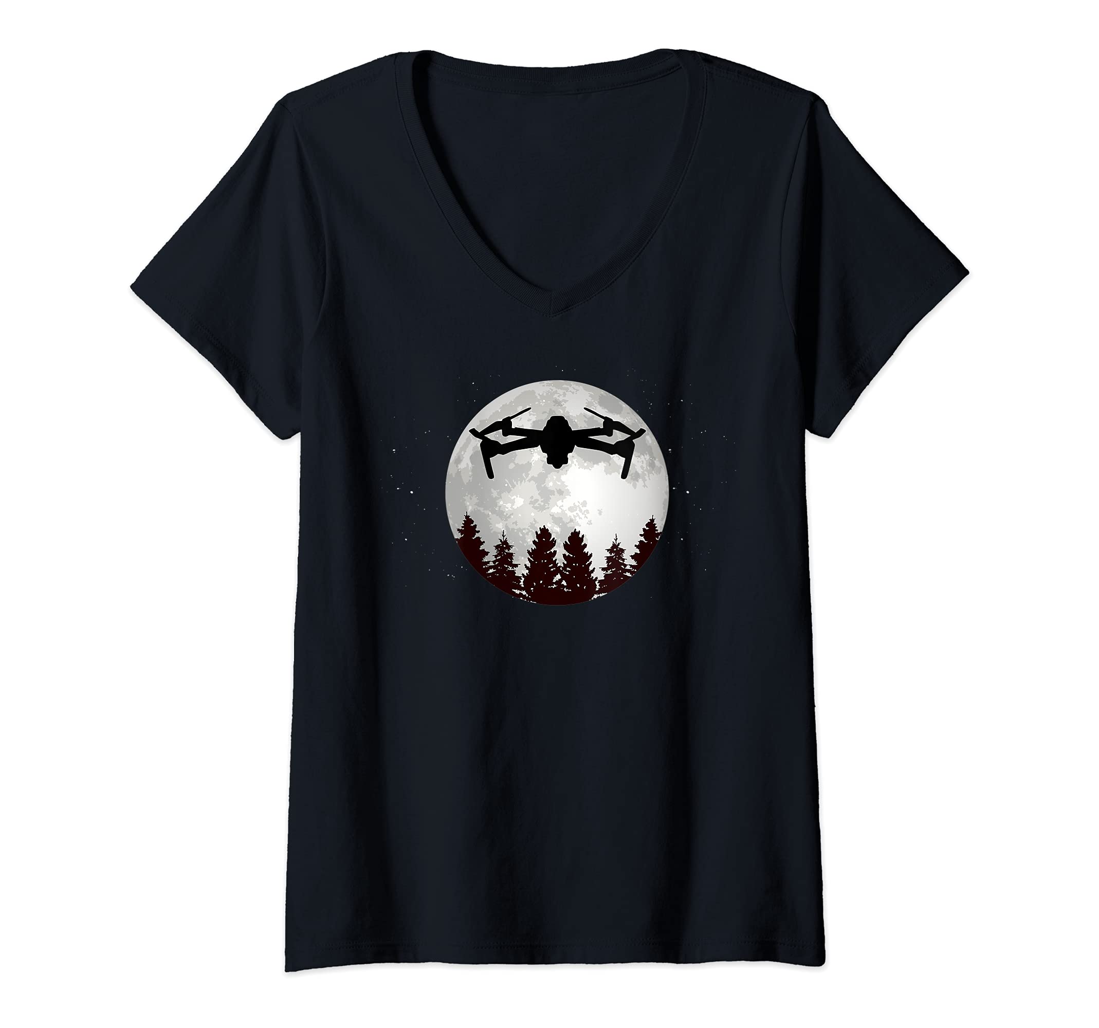 Womens Drone Pilot -Full Moon- Funny FPV Drone Quadcopter V-Neck T-Shirt