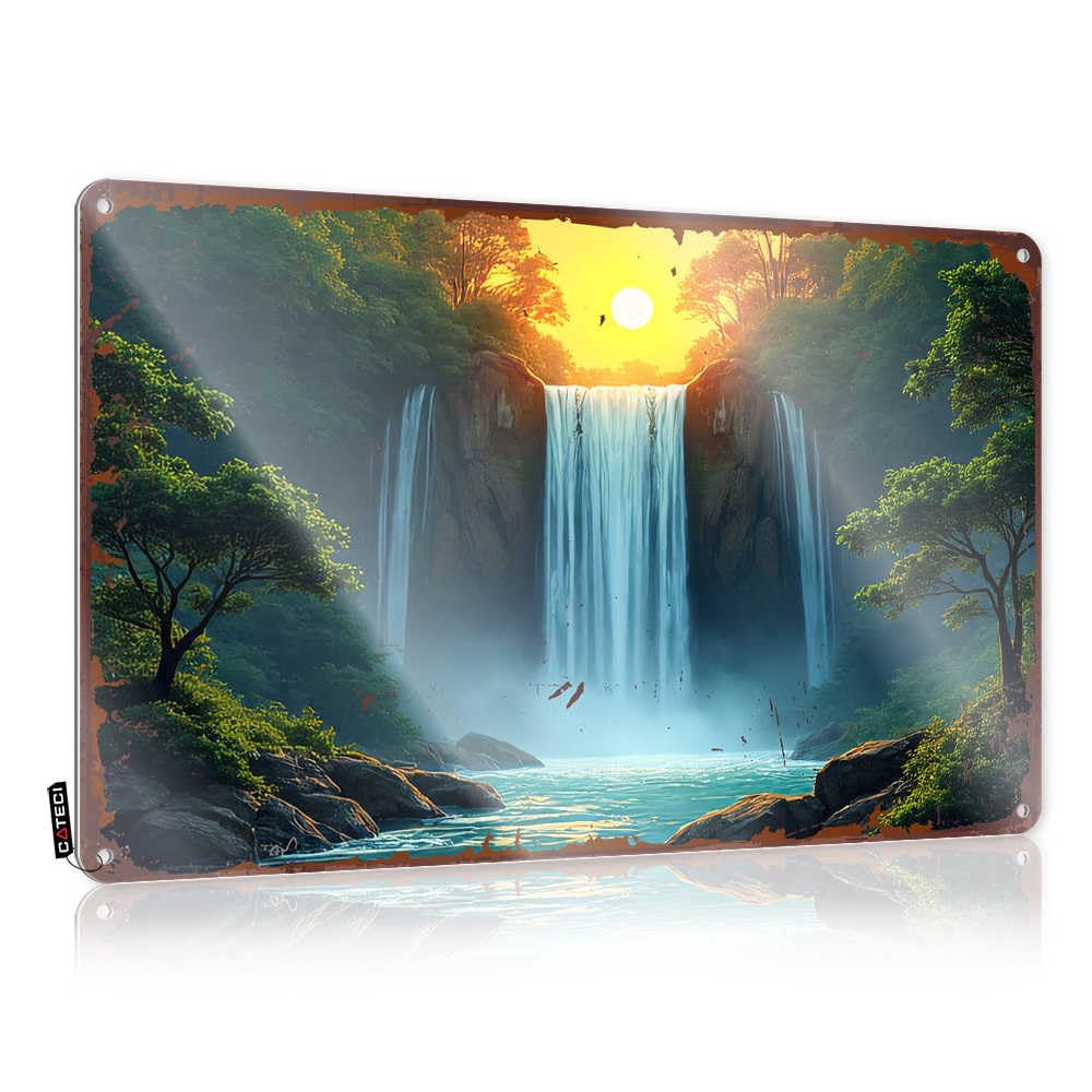 Fzfn Colour Decorations For Room Saloon Cool Wall Art - Sunset Serenity: A Waterfall's Majestic Glow Collection Rustic Wall Hanging(20X30cm)