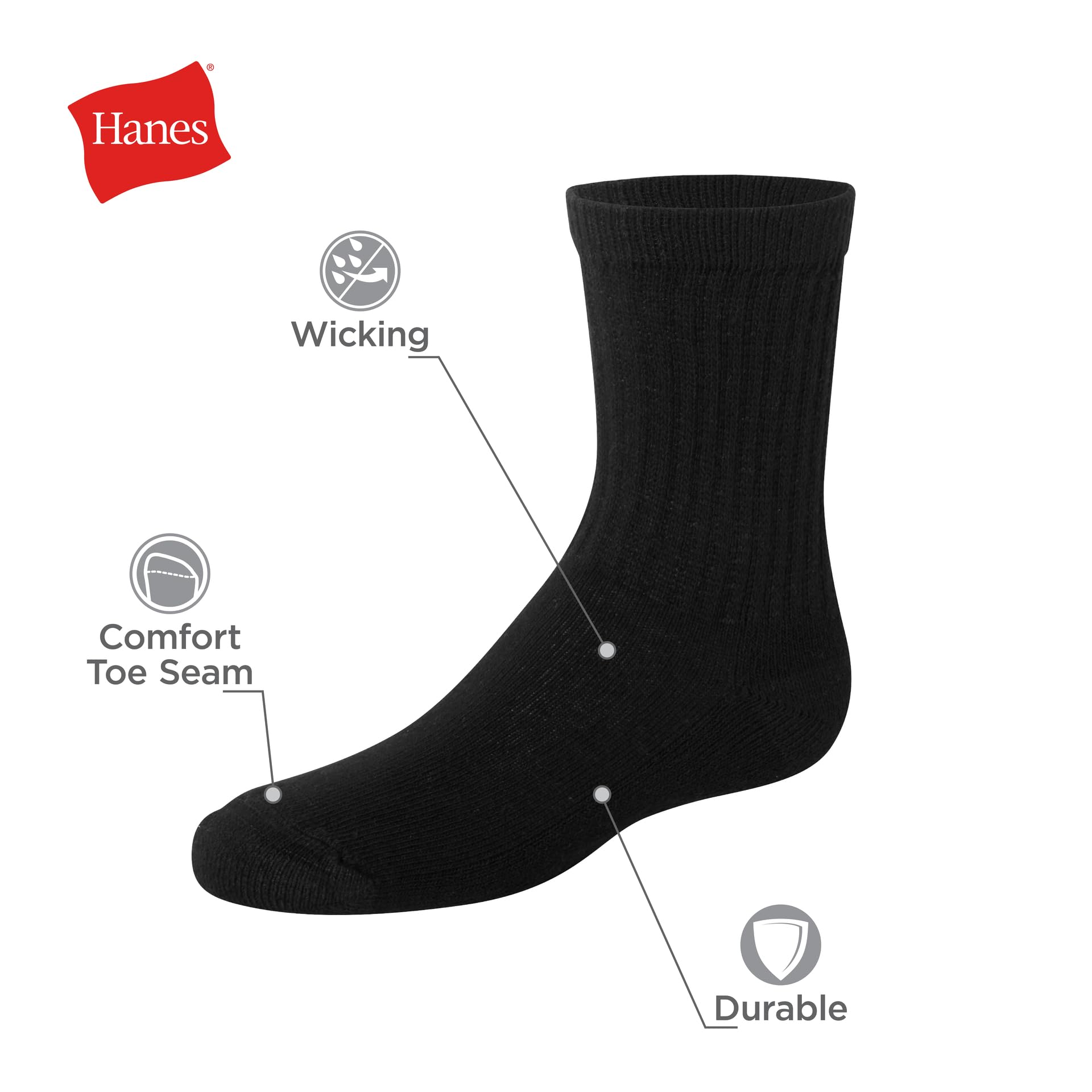 Hanes Boys' Big Uniform Crew, Moisture-Wicking Socks, Cushioned Foot Bottoms, 10-Pairs, Black-12 Pack, Medium