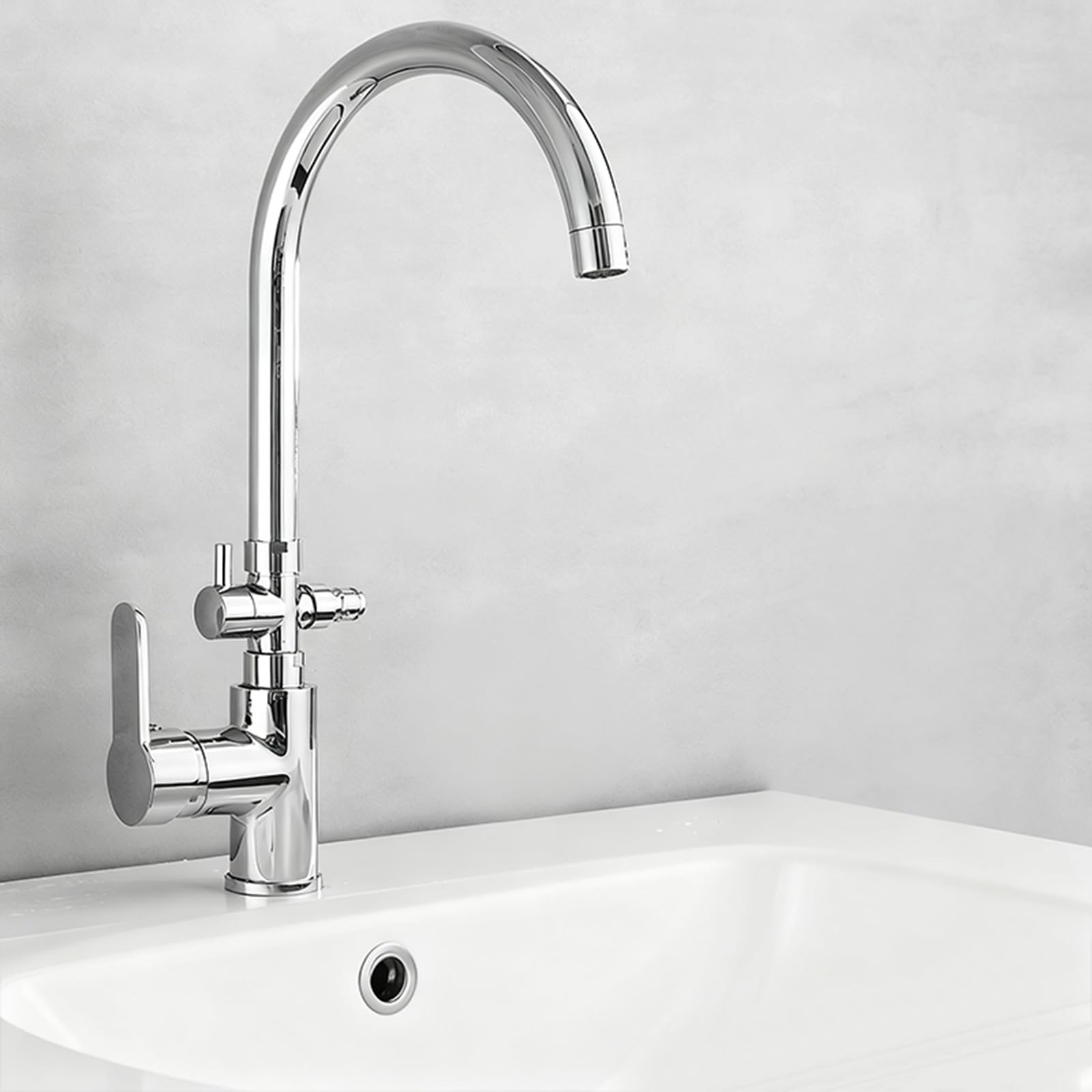 Grifo Lavadora Doble Salida Grifos para Lavabos De Baño De Latón Agua Fría Y Caliente Un Solo Orificio,Plata