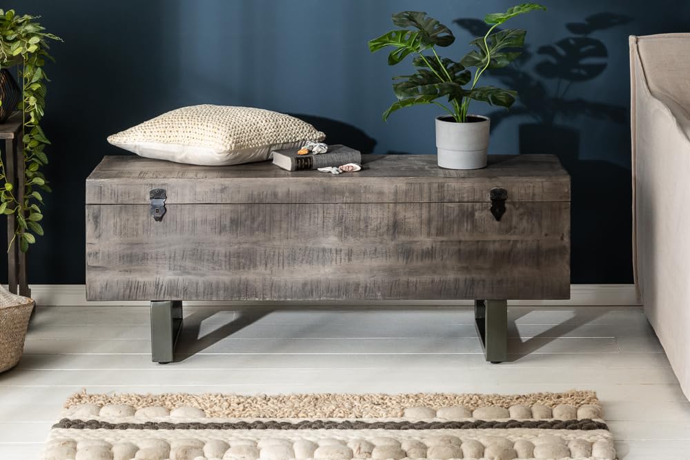 invicta INTERIOR Industrial Truhenbank Factory LOFT 115cm Mangoholz grau Sitzbank mit Stauraum Holzbank Truhe