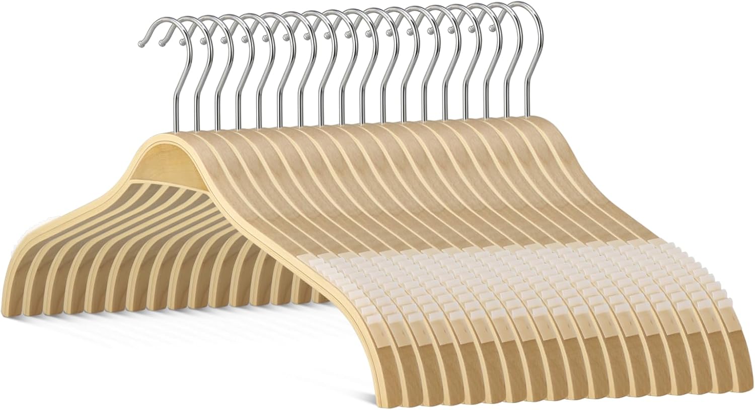18 Pack Slim Wooden Hangers, No Shoulder Bumps Clothes Hangers with Non-Slip Rubber Grip, Natural Wood Suit Hangers for Sweater, Coat, Dress, Shirt, 360° Swivel Hook