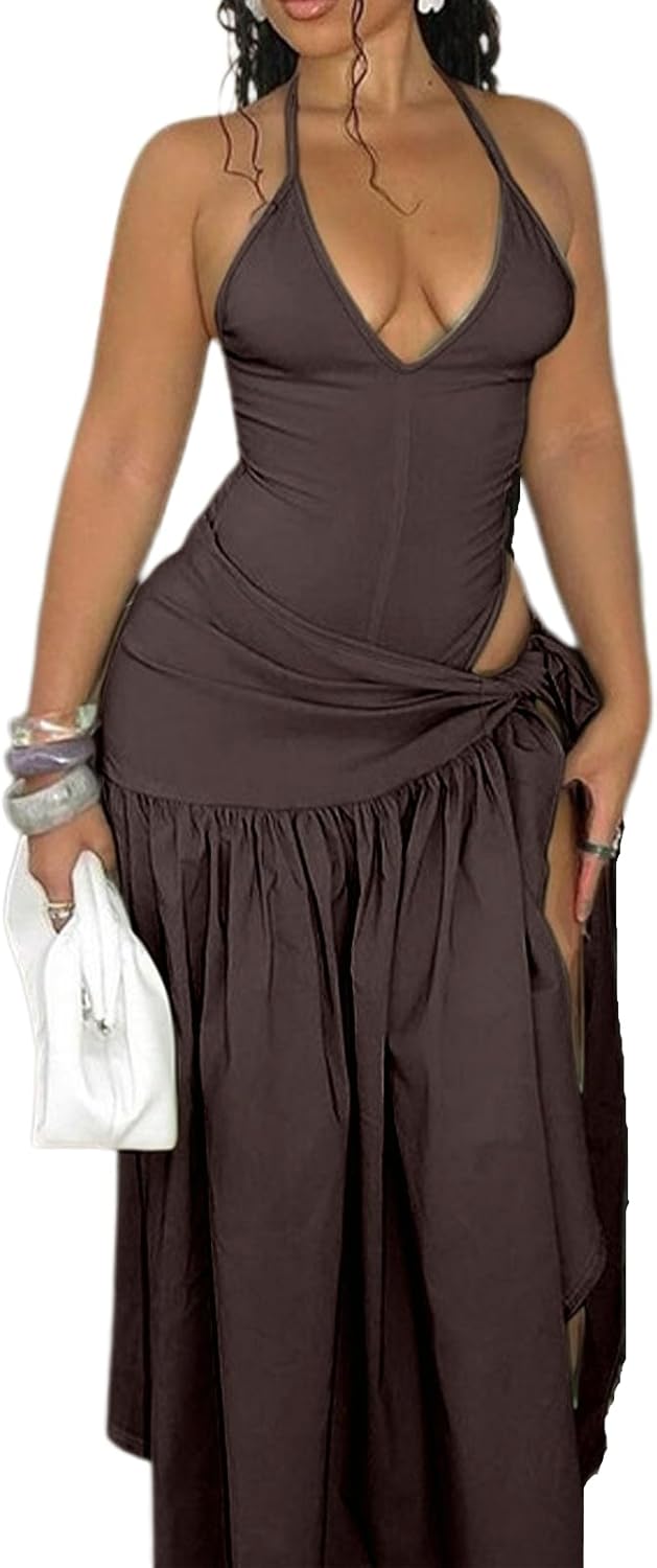 Halfword 2 Piece Maxi Skirt Sets Sexy Halter V Neck Backless Bodysuit Sarong Wraps Beach Vacation Clothes Going Out Outfits