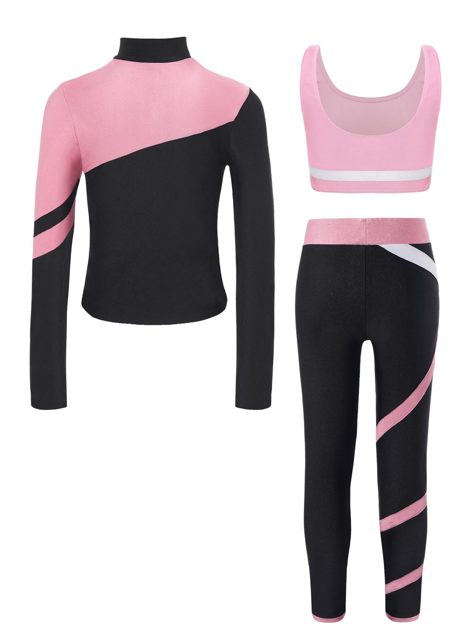 inhzoy Dziewczęcy strój do łyżwiarstwa figurowego zestaw odzieży sportowej z długim rękawem kurtka legginsy i Cropped Tank Top 3-częściowy dziecięcy strój do tańca