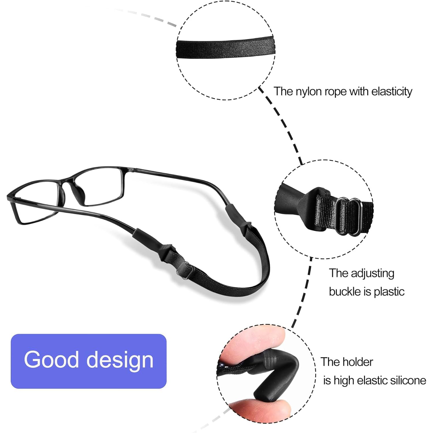AEC Adjustable Glasses Straps No Tail Holders Around Neck Retainers - Sunglasses Strechable Straps Lanyard for Men Women & Kids (10IN, Black, Pack Of 1) 1
