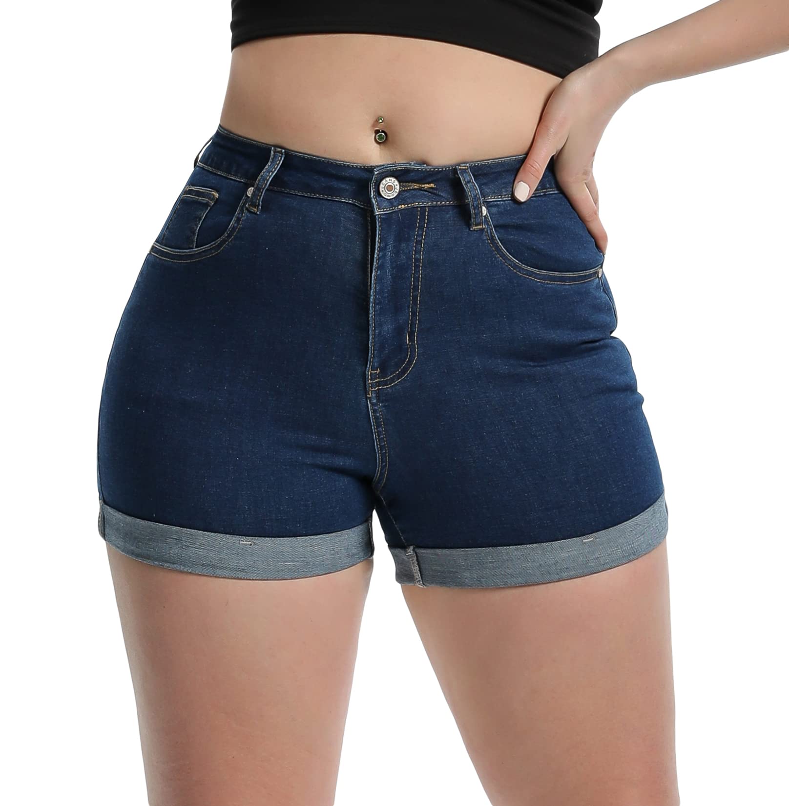 Romastory Women's High Waisted Summer Elastic Jean Shorts Folded Hem Hot Denim Shorts for Women
