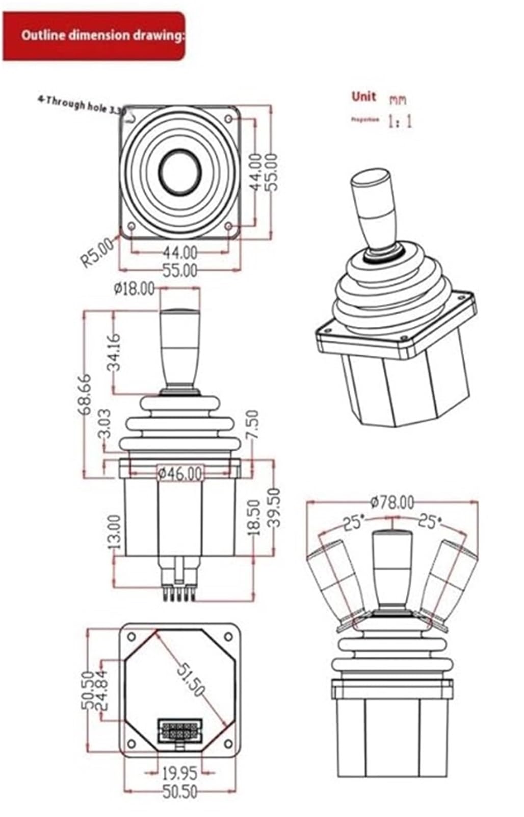 Joystick Joystick Przemysłowy Ze Sterowaniem Elektrycznym I Dwuosiowym Wahaczem Halla Z Ogranicznikiem Kołowym,dla generatora obrazów(Output 0-5V,5V,Circle)