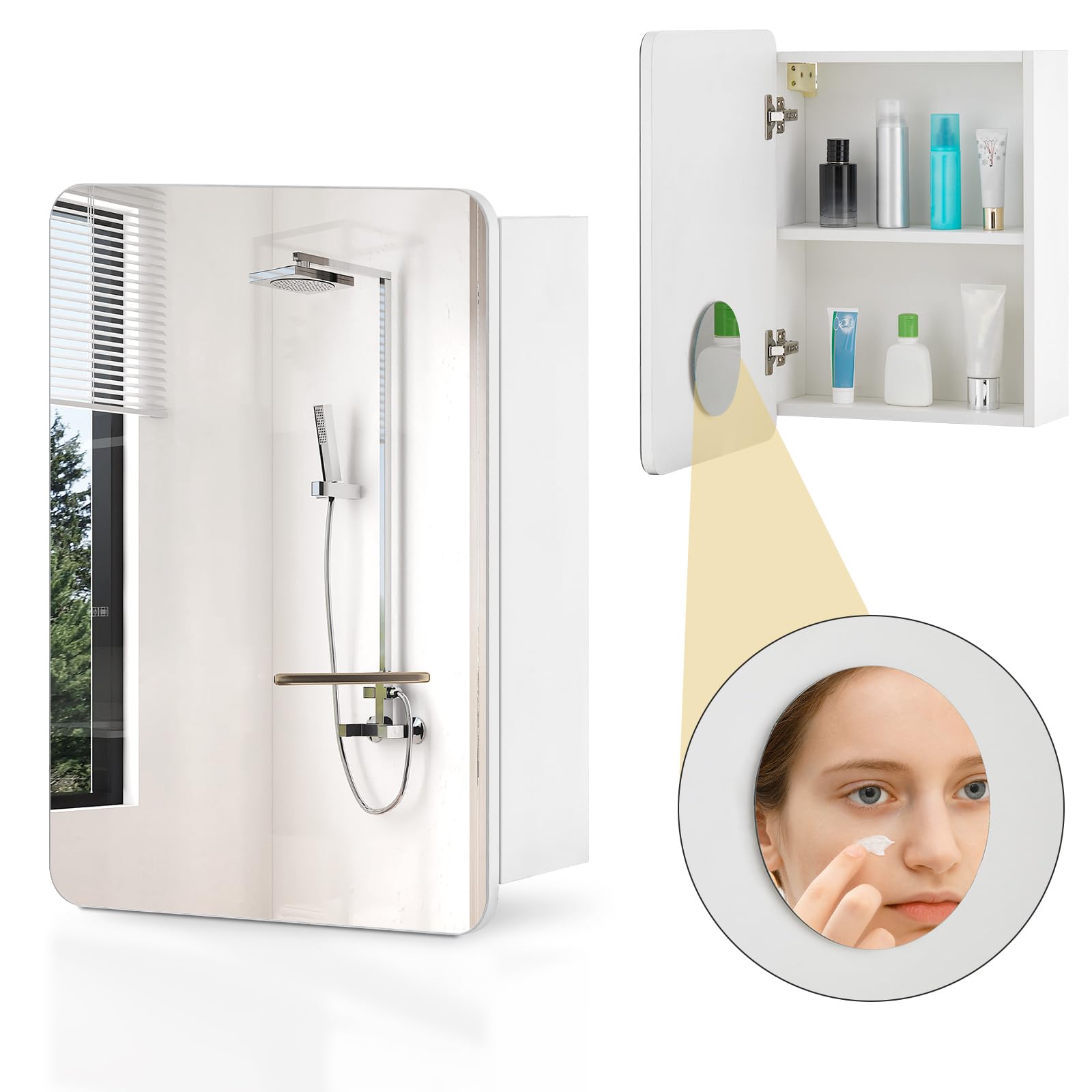 CLIPOP Wall Mounted Bathroom Mirror Cabinets with 3X Magnifying Mirror