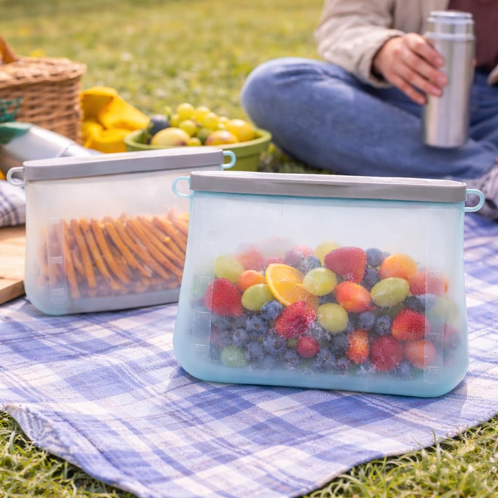 Wiederverwendbare Silikon-Lebensmittelbeutel – 6er Set (3×1L + 3×1,5L) – BPA-frei – Auslaufsicher – Gefrierfach & Mikrowelle | BPA-frei