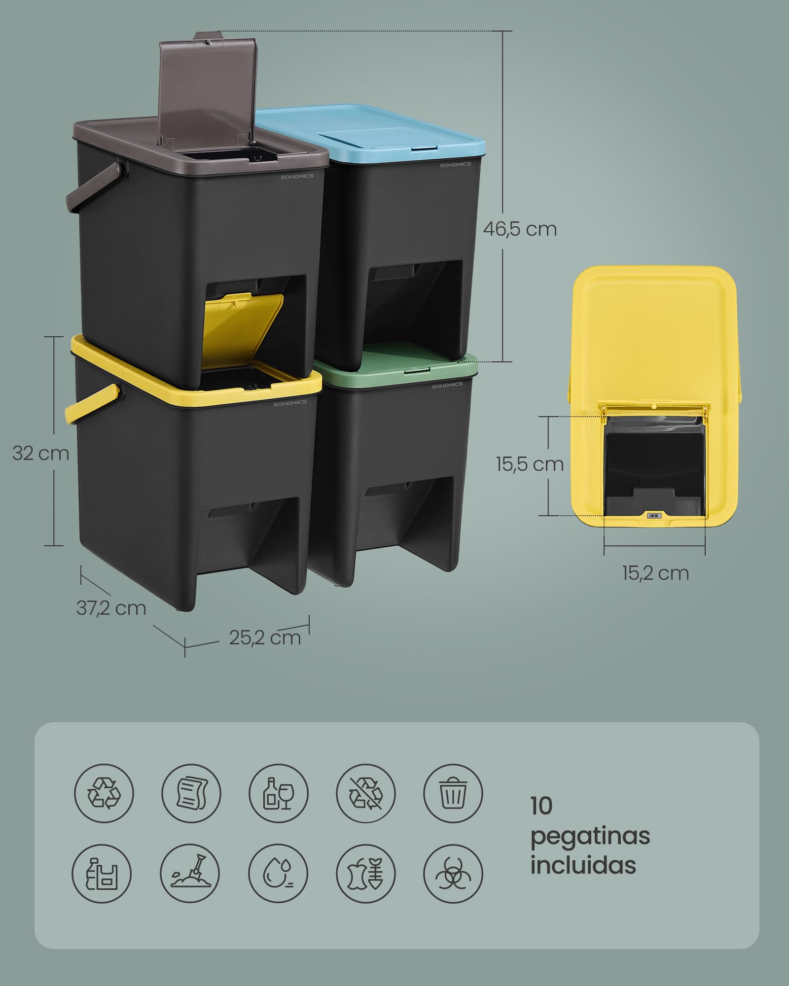SONGMICS Cubo de Basura, Juego de 4 Cubos Apilables, Papeleras, 20 L Cada, Sistema de Separación Residuos, Tapas Apertura a Presión, Pegatinas, Almacenaje, Amarillo, Azul, Marrón y Verde LTB760BZ01