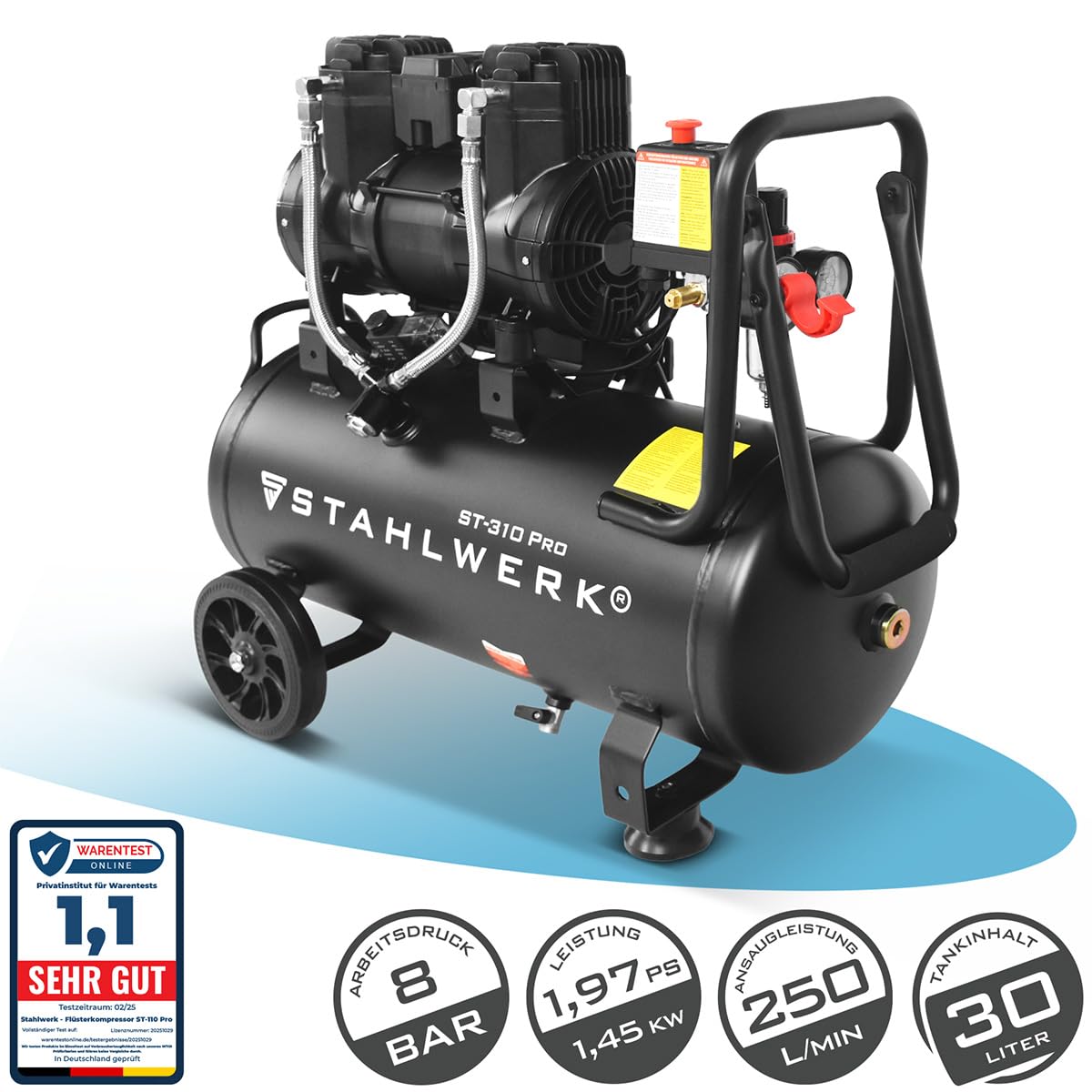 STAHLWERK Kompressor mit 30 L Tank (ST-310 Pro) – ölfrei & leise, 8 bar, 1,97 PS (1,45 kW), 250 l/min, 70 dB, Druckluftkompressor mit Brushless-Motoren, Silent-/Flüsterkompressor, Kolbenkompressor