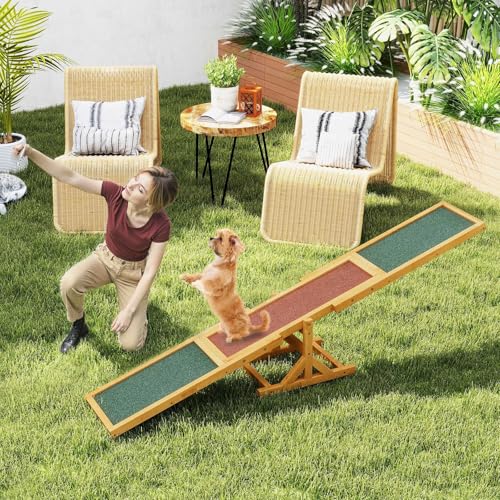 COSTWAY Hundewippe Holz, Hunde Agility Wippe, Outdoor Hundesport für Balance-Training, für kleine & große Hunde bis 60 kg, wetterfestes Spielset, 179 x 30 x 55 cm (Gelb)