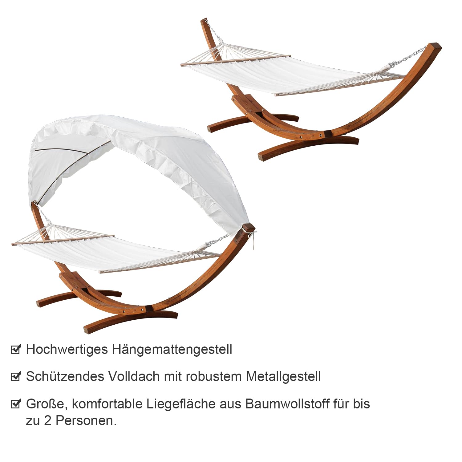 Daromigo Hamak outdoorowy, hamak ze stelażem, 200 x 150 cm, fotel wiszący ze stelażem dla 2 osób, obciążenie 200 kg, drewniany stelaż hamaka z dachem, do ogrodu, na taras, basen