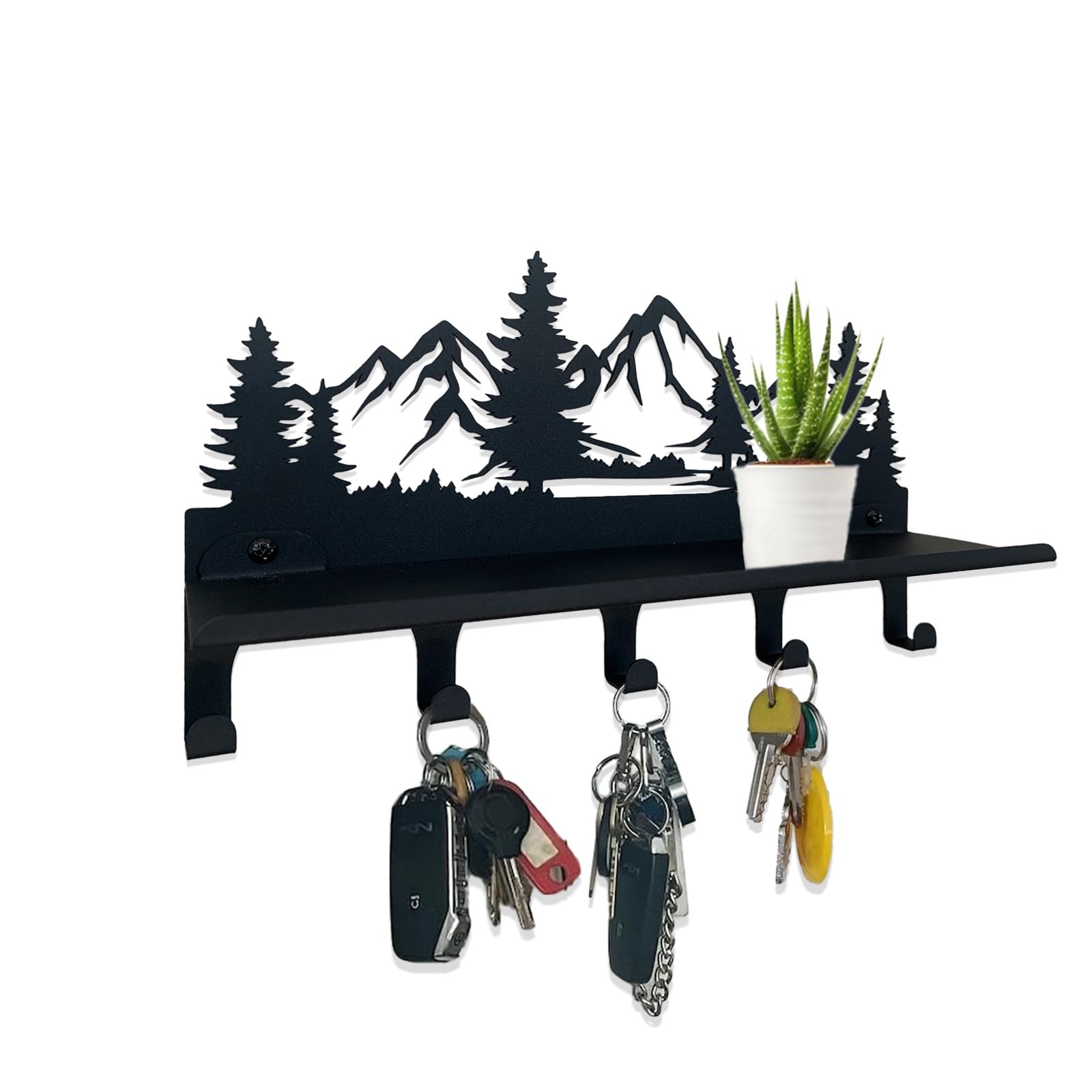 CatTerranM Key Holder Wall Mount with Shelf and 5 Hooks, Decorative Mail Holder for Wall, Metal Key Rack for Kitchen, Entryway, Hallway (9 in)