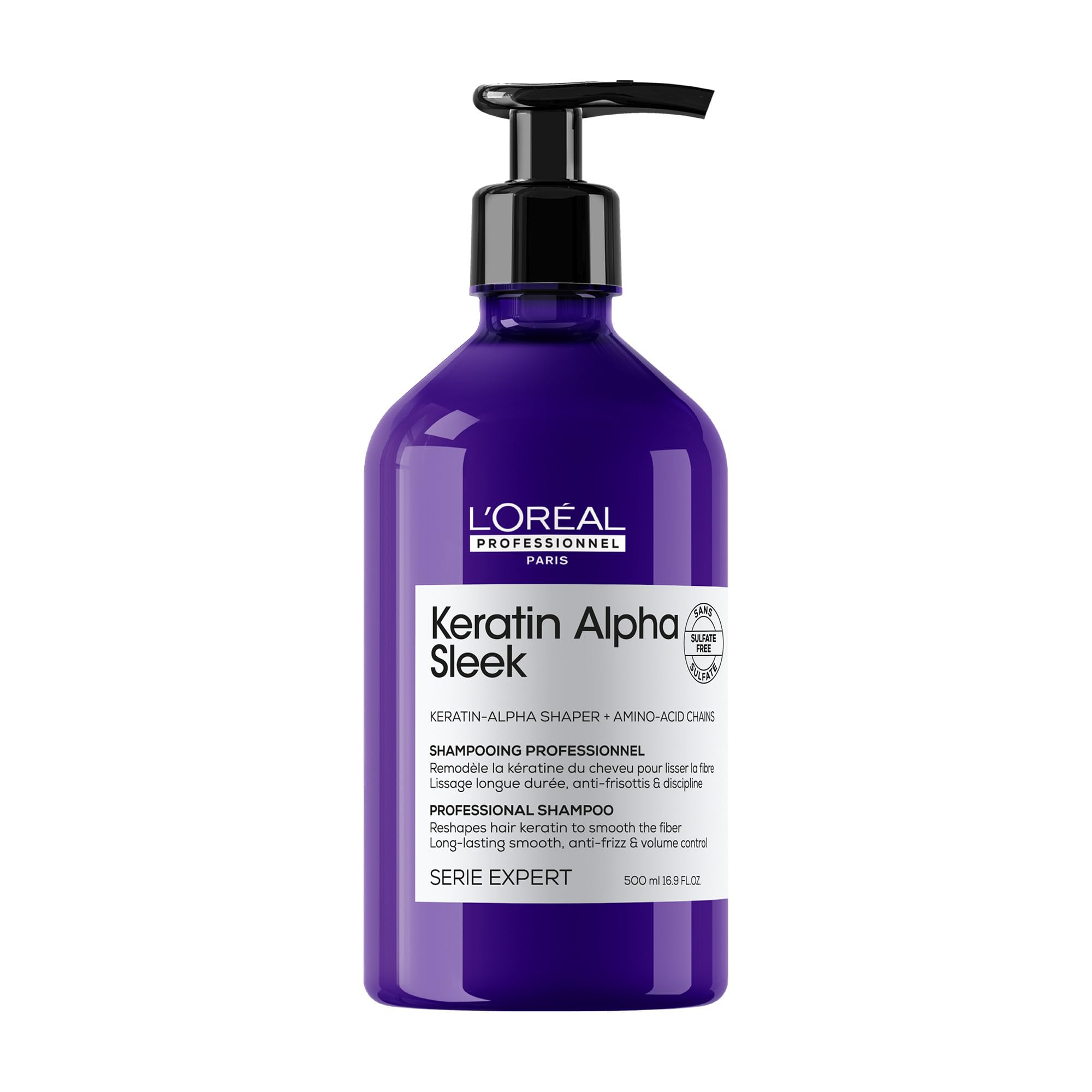L'Oréal Professionnel, Shampoo Professionale Anticrespo e Disciplinante, Per Tutti i Tipi di Capelli, Capelli Più Morbidi e Luminosi, Con Keratin-Alpha shaper e Aminoacidi, Keratin Alpha Sleek, 500 ml