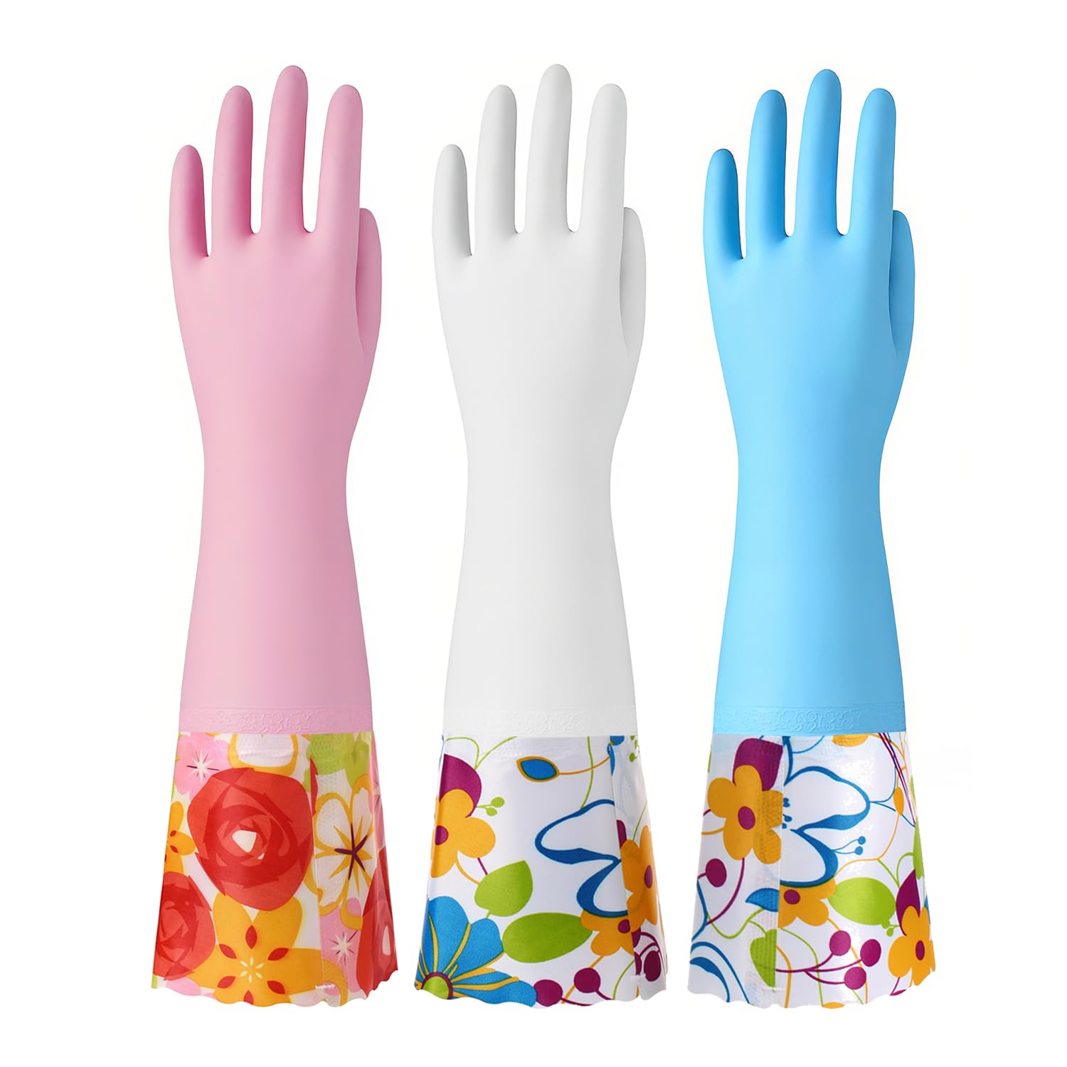 Bamllum 3 Pairs Rubber Cleaning Gloves, Household Kitchen Dishwashing Gloves with Cotton Flocked Liner, Long Cuff 16 Inches, Reusable, Non-Slip (Medium, Blue+Pink+White)