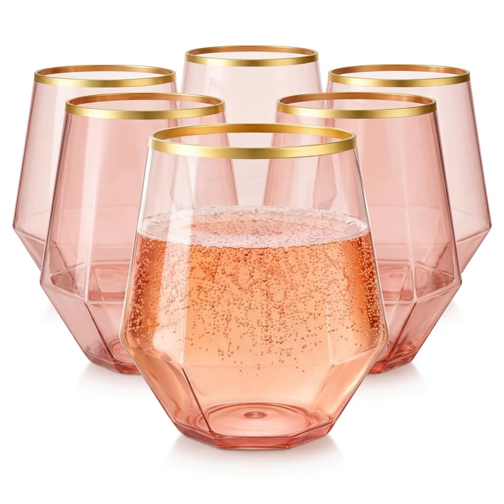 Oojami 40 Pack Disposable Plastic Wine Glasses 12 oz Diamond Pink Gold Rim