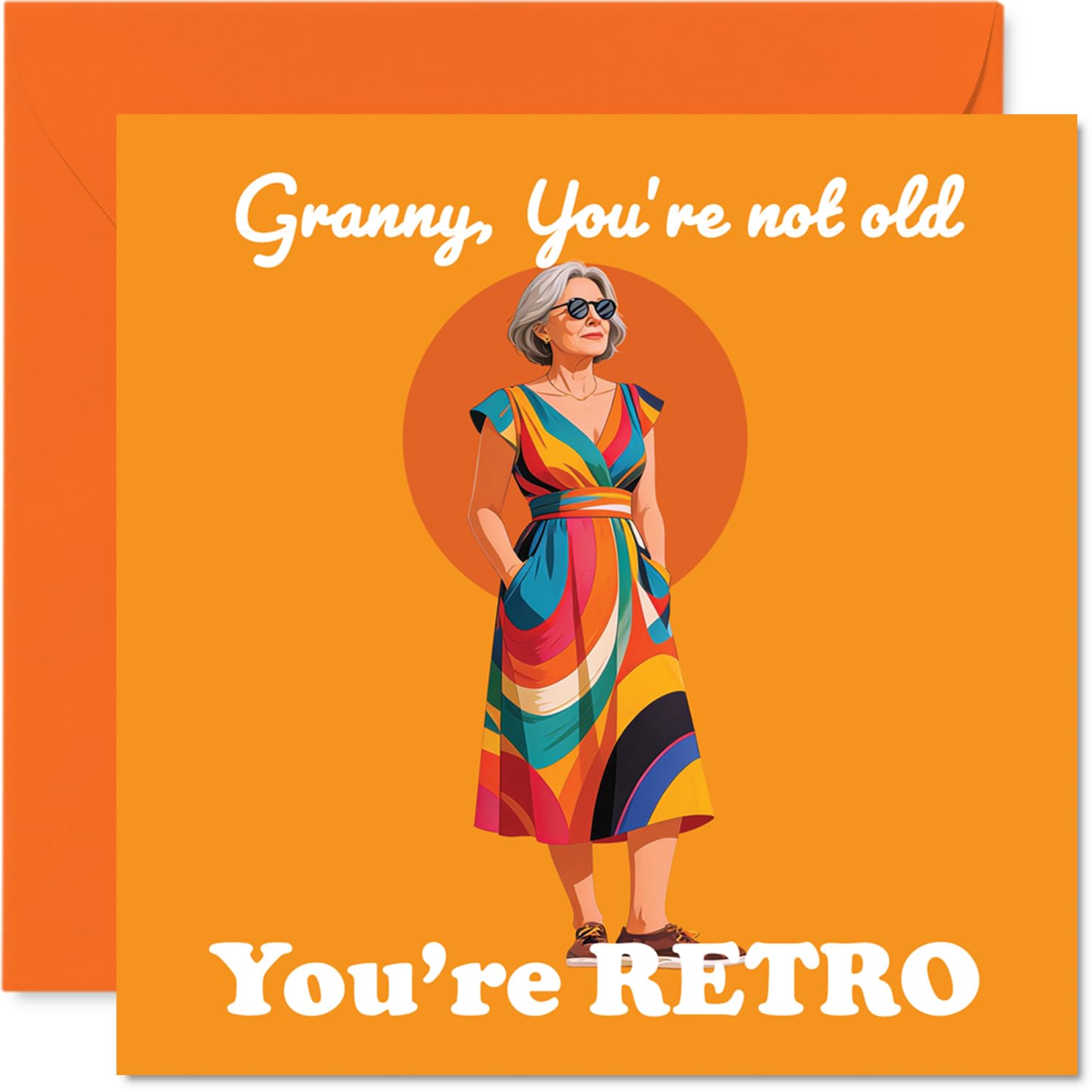 Playful Birthday Card for Granny - Retro Vibes for a Timeless Granny - Stylish Older Woman in a Vibrant Dress - 145mm Square, Envelope Included