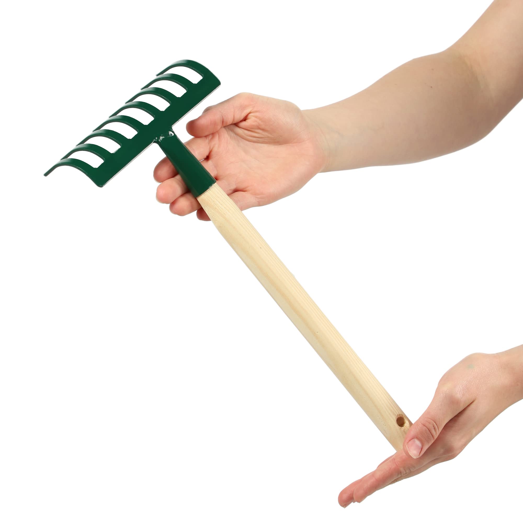 KADAX Petit râteau manuel en métal avec manche court en bois pour le jardinage, râteau de jardin durable pour ameublir le sol et enlever les mauvaises herbes (vert, 8 dents)