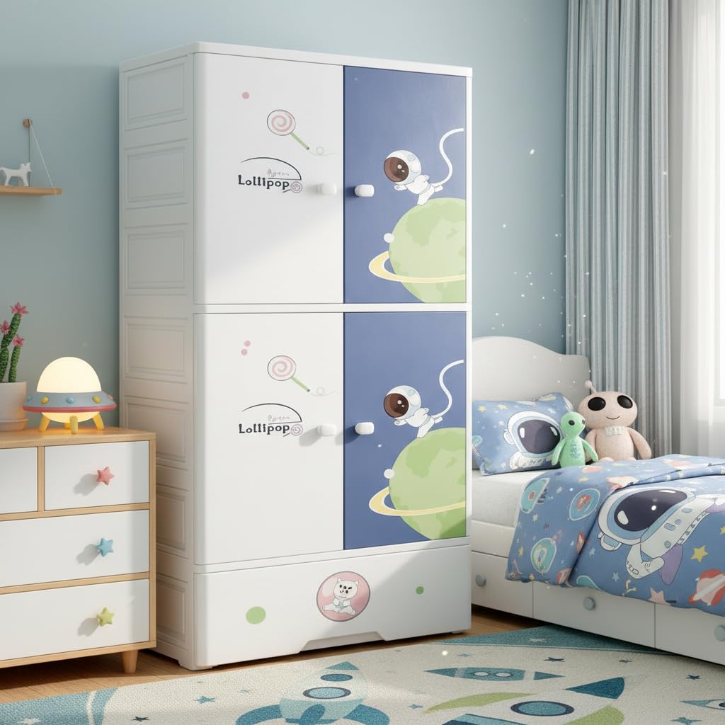 Mevigo Door Plastic Wardrobe for Kids| Almirah and Wardrobe for Baby Clothes| Modular Storage Cabinet with Wheel Organizer for Cupboard Rack for Clothes/Shoes/Books/Toy (Starry-SJ6514, 3- Layer)