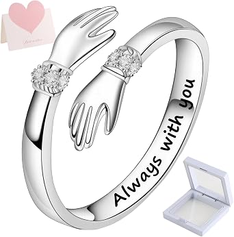 Sterling Silver Hug Ring for Mother's Day Mum Women, Adjustable Hugging Hands Open Ring With Card, Engraved Words Symbol of Love Spiritual Protection Gift for Daughter Mom Friend Sister Wife Birthday