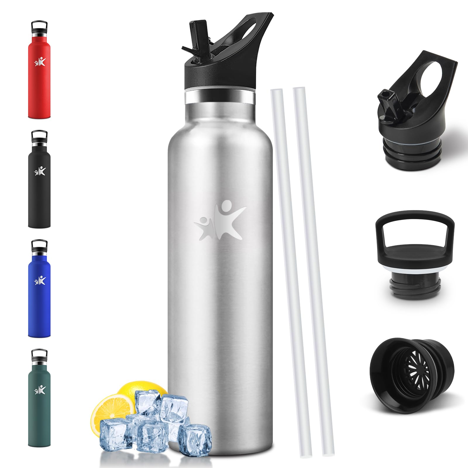 Mulbijeo Trinkflasche 750ML, BPA-Frei, Trinkflasche Edelstahl, Auslaufsichere Isolierflasche Doppelwandig, Flasche mit Strohhalm, Wiederverwendung, Thermosflasche Kohlensäure Geeignet - Silber