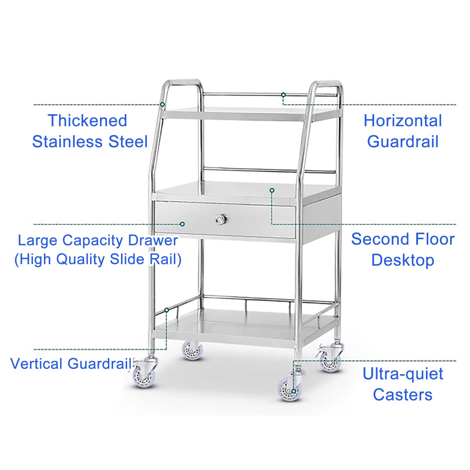 Carrello per uso medico, in acciaio inox, per cliniche e laboratori, attrezzatura mobile per la cura con ruote bloccabili e ripiani regolabili
