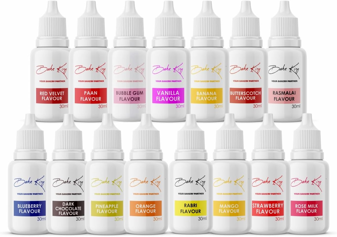 BAKE KING Combo of flavouring Syrups 30ML Each Essence for Baking Cakes, Jams, Jelies, Cookies, Ice Creams and Puddings Liquid Food Essence (PACK OF 15)