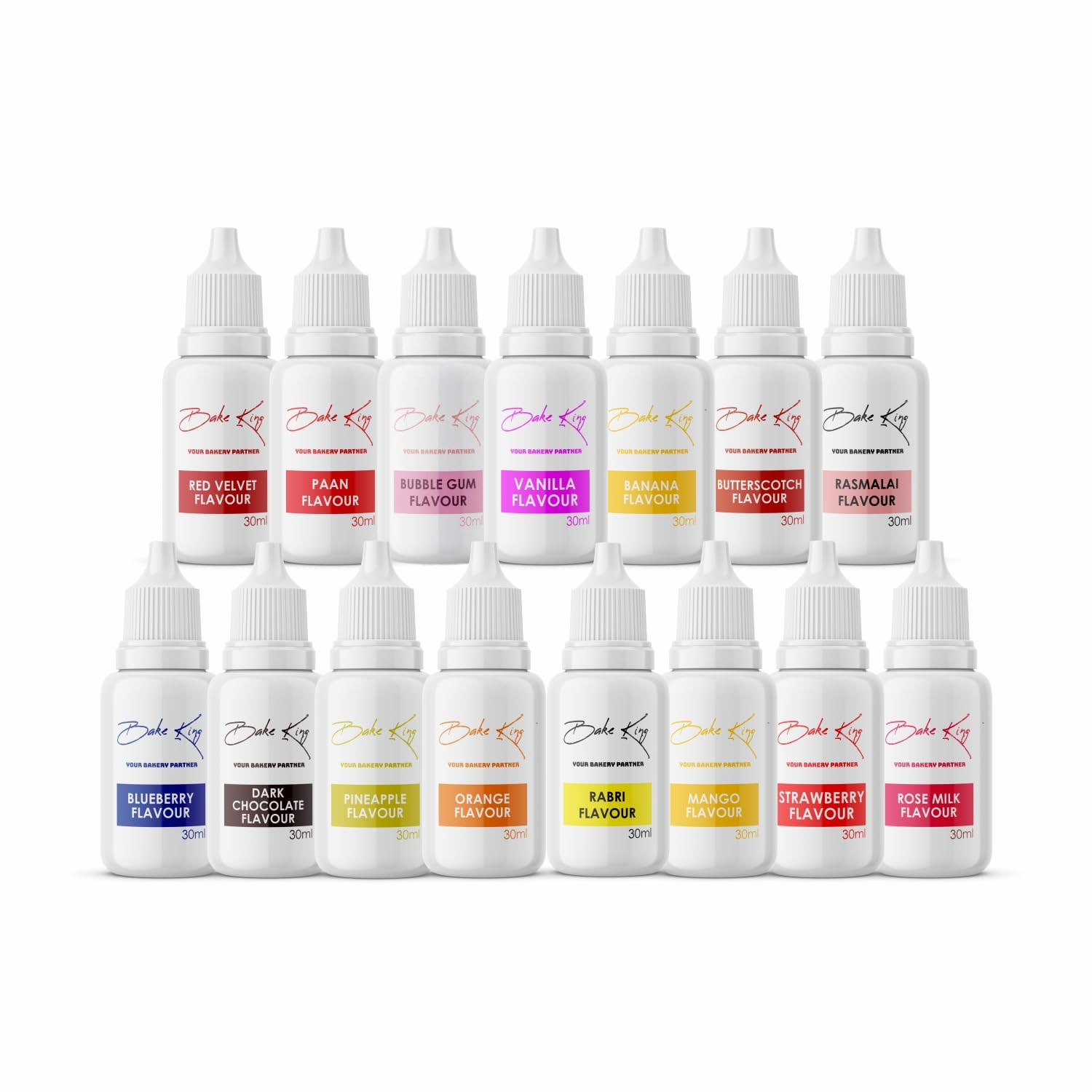 BAKE KING Combo of flavouring Syrups 30ML Each Essence for Baking Cakes, Jams, Jelies, Cookies, Ice Creams and Puddings Liquid Food Essence (PACK OF 15)