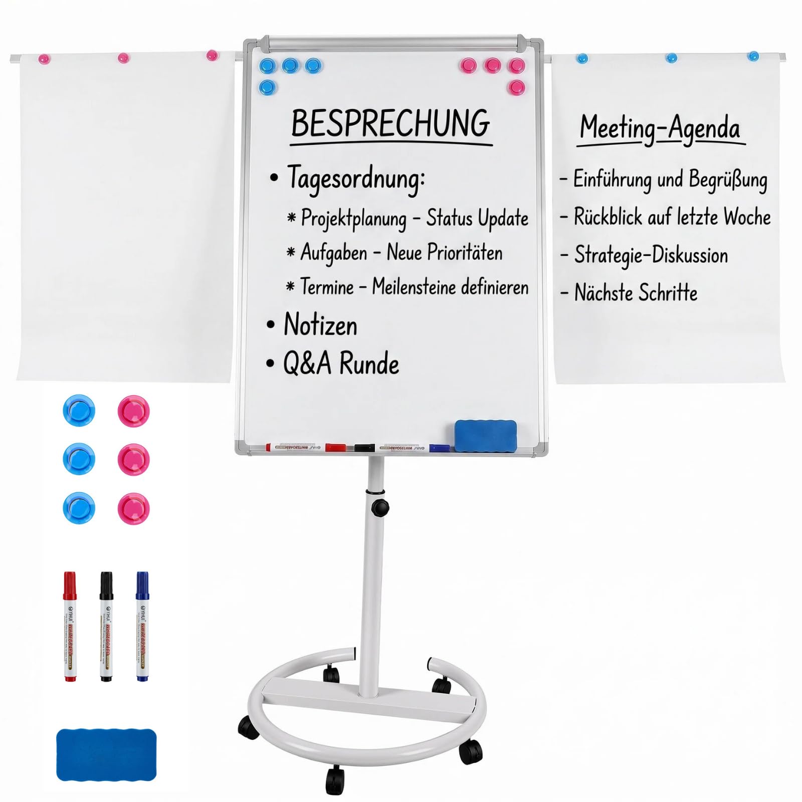 100x70cm Flipchart Ständer, Magnetische Whiteboard Mobil mit Papierklammern, Magneten auf Rollen Höhenverstellbar 157-195cm, Trocken Abwischbar, Magnetisch, für Büro Schule Zuhause