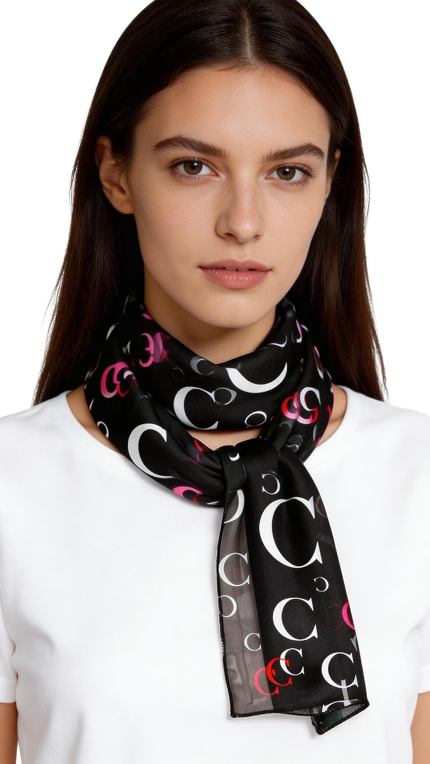 Scarfs for Women, Lightweight Soft Silky Scarves, Initial Alphabet Monogram Satin Chiffon Neckerchief, Hair Wrap, C-black, One Size