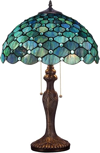 Tiffany Lámpara de mesa de lectura con cuentas de cristal de color azul de 16 pulgadas de ancho x 24 pulgadas de ancho x 24 pulgadas, mesita de