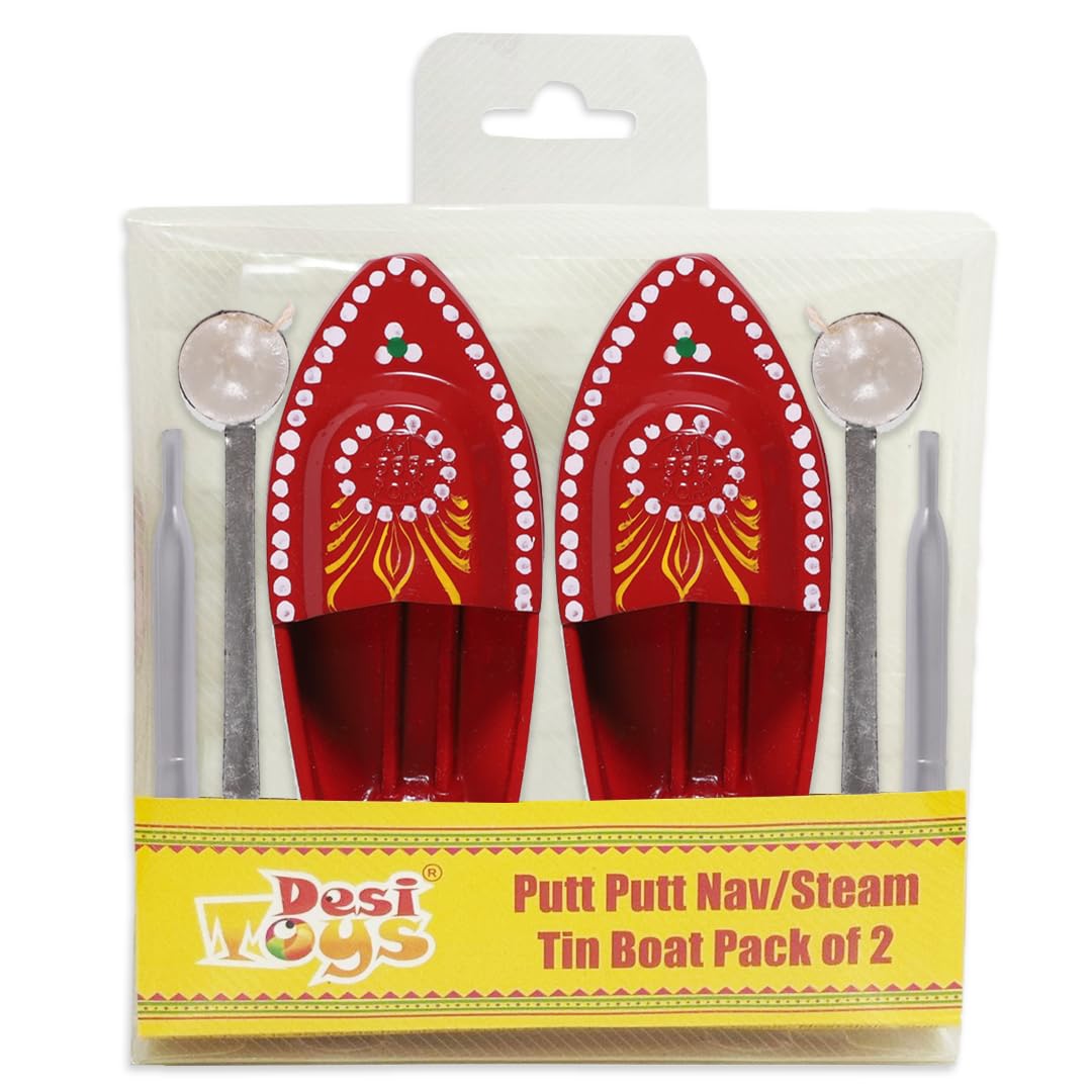 Desi Toys Putt Putt Nav |Pop Pop Steam Boat|Classic Indian Toys|Nostalgic Tin Water Toy|Free Candle & Dropper|Powered by Flame|Size - 15.2 x 6.9 x 4.1 cms for 14+ Children (Putt Putt Nav Pack of 2)