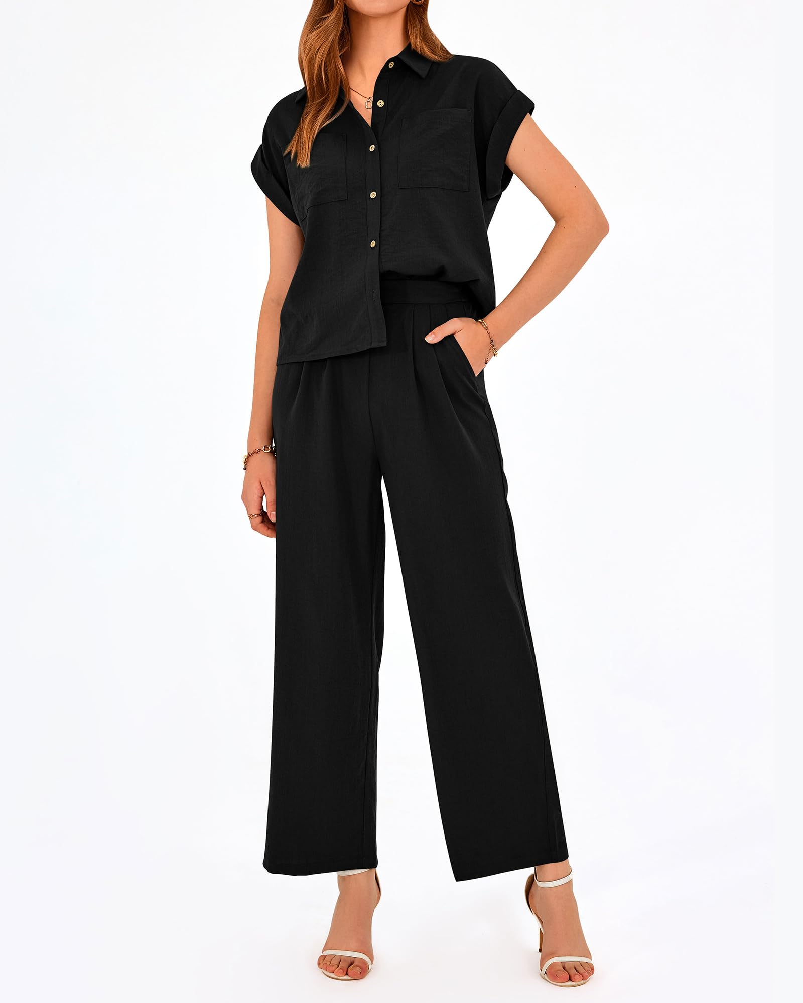 PRETTYGARDEN - Conjunto de 2 piezas para mujer, manga casquillo, pantalones palazzo, elegante, casual, vacaciones, viajes, trajes deportivos
