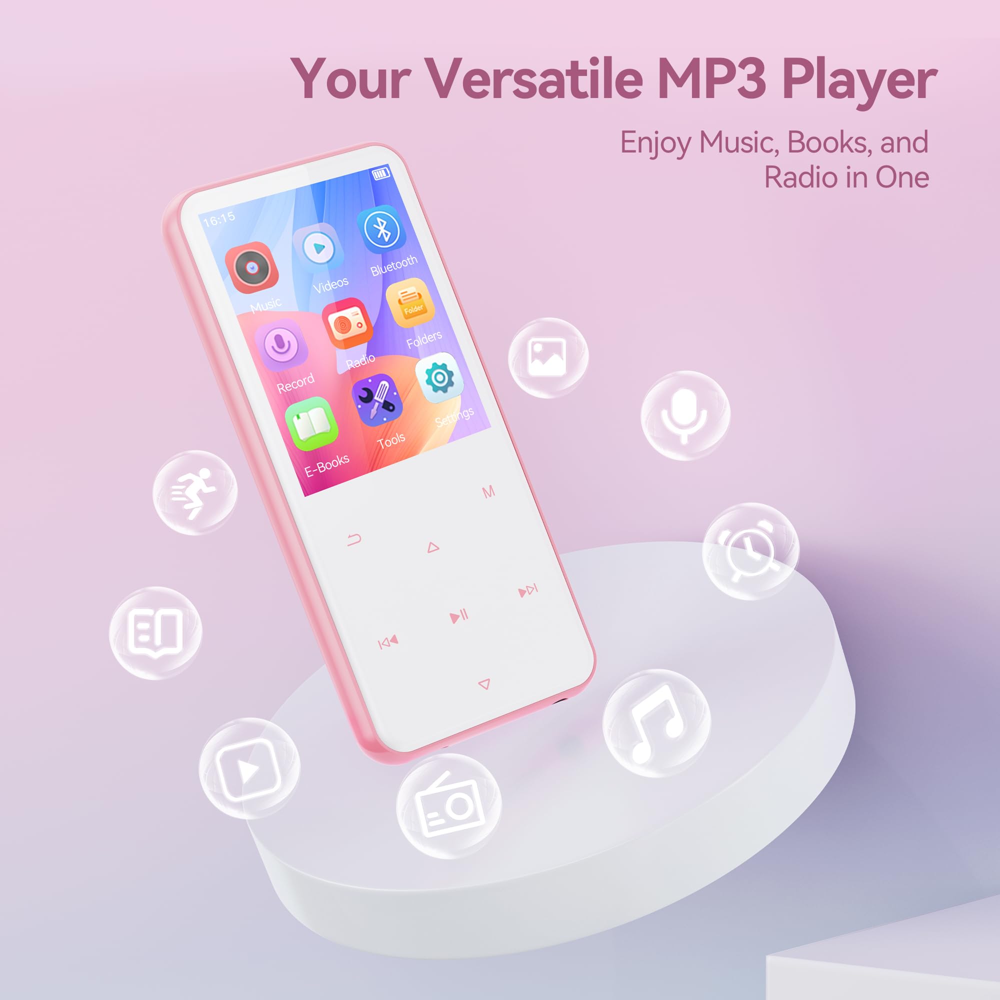AGPTEK Pink MP3 Player with Bluetooth 5.3, 64GB Internal Memory Expandable up to 128GB - Image 2