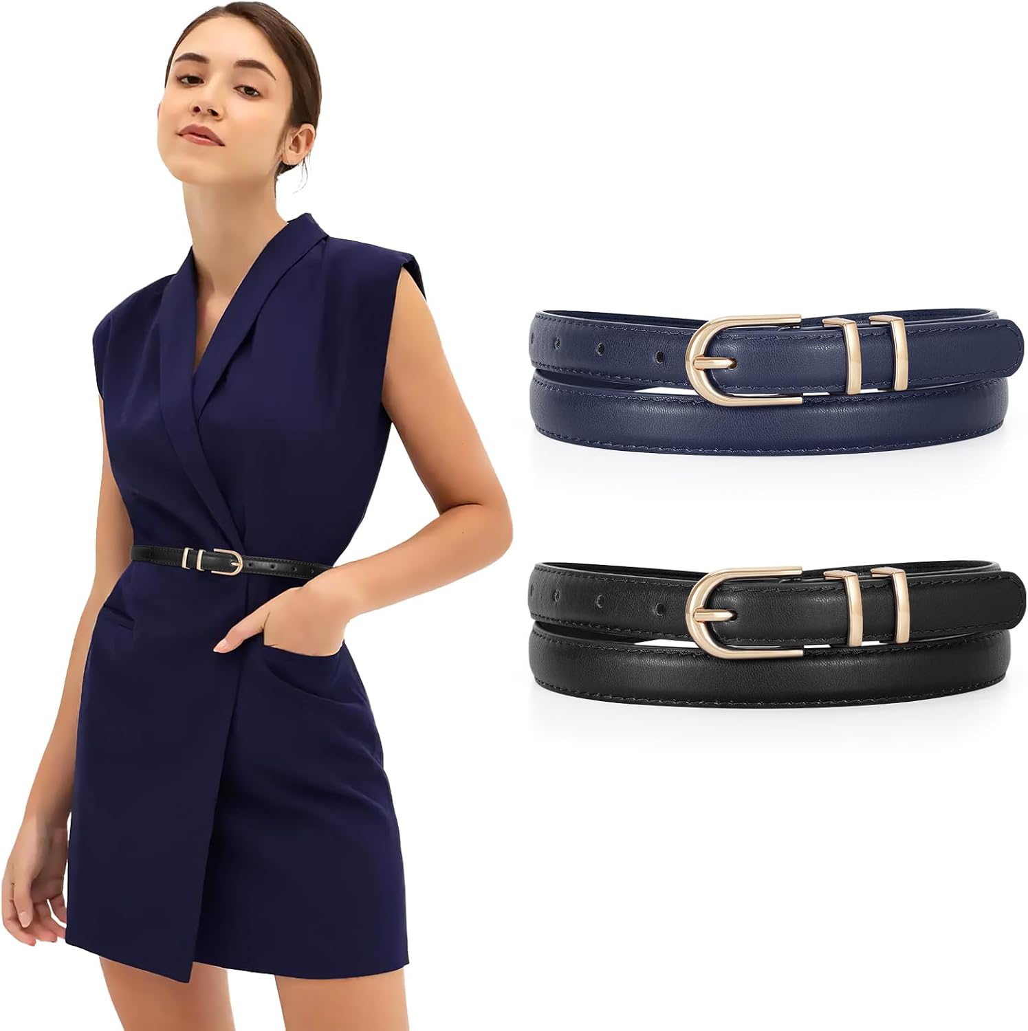 JASGOOD 2 Pack Womens Skinny Leather Belt Ladies Thin Faux Leather Belt with Gold/Silver Buckle for Jeans Dress Pants - Image 2